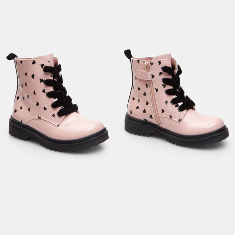 Botas militares de niña brillantes con corazones, Rosa Botas militares de niña brillantes con corazones, Rosa